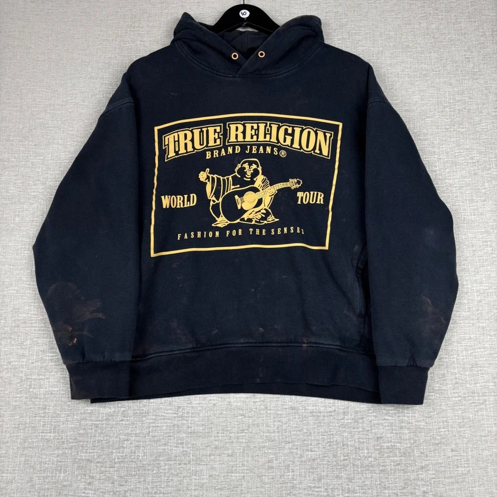 True Religion Mens World Tour Buddha Logo Hoodie Black Yellow Medium
